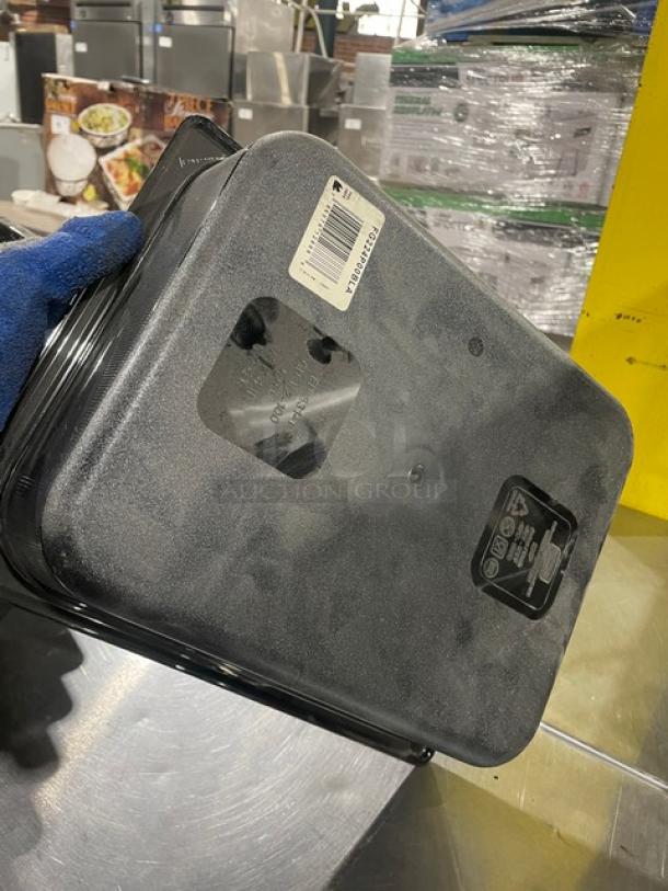 Rubbermaid Commercial Black 1/2-Size 4" Deep Insert Pan, Model FG224P00BLA, new condition, visible labels.