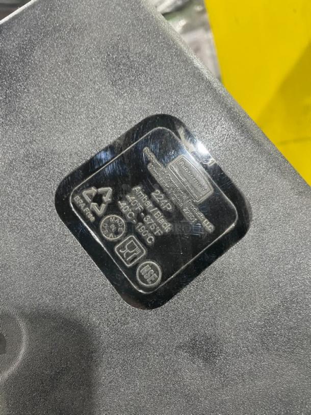 Rubbermaid Commercial 1/2-Size Insert Pan, Black, Model FG224P00BLA, New Condition. Markings show size and temperature info.