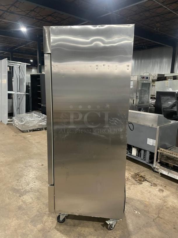 Arctic Air AR23E stainless steel single door refrigerator on casters. Energy Star certified with poly coated wired rack.