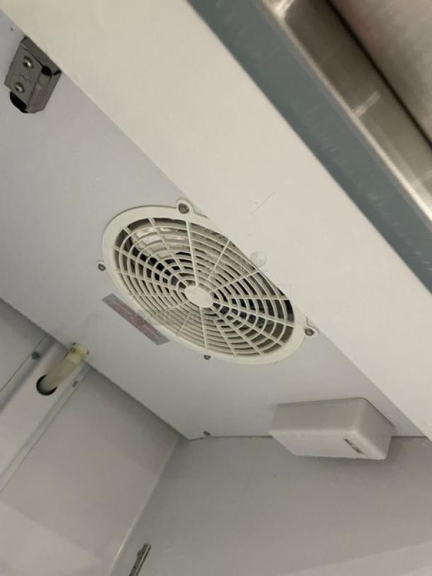 Arctic Air AR23E interior ceiling with fan and light, showing poly coated wired rack. Energy Star certified commercial fridge.