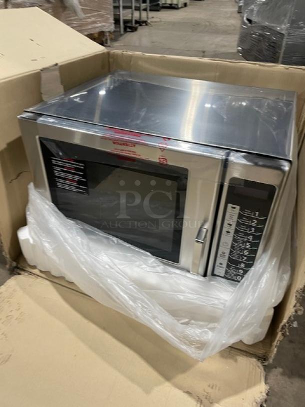 Menumaster RFS12TSW stainless steel countertop microwave, new, with digital push button controls, in original packaging.