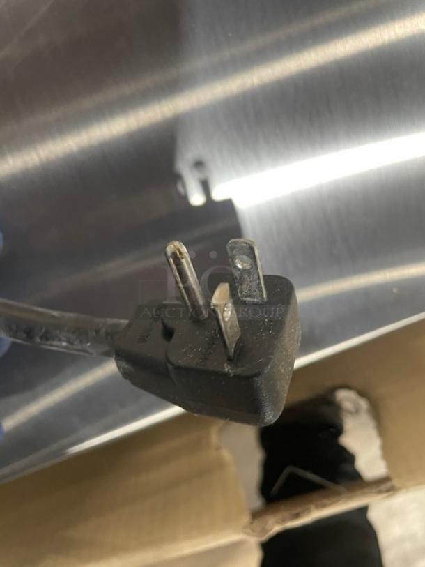 Menumaster RFS12TSW commercial stainless steel microwave, digital controls, new, electric, 120V plug shown.