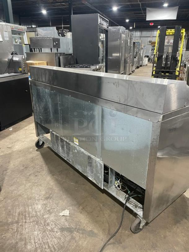 Beverage-Air Elite Series 3-Door Refrigerated Bain Marie Prep Table, stainless steel, Model SPE72-18, on casters, poly-coated rack.