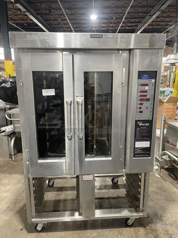 Baxter stainless steel convection oven, model OV300G, with digital controls, 8-pan rotating rack, and open-base cart, on casters.