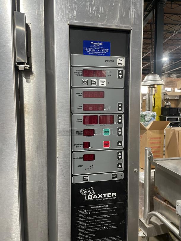 Baxter OV300G stainless steel convection oven with digital controls, 8-pan rotating rack, and equipment stand on casters.