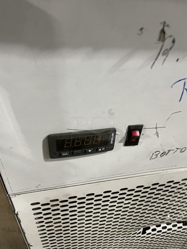 Custom Cool LB93SC stainless steel 3-door refrigerated worktop table, digital controls, fan vent, like new condition.