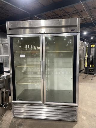 True T-49G commercial stainless steel double glass door merchandiser refrigerator with poly coated wired rack, Model SN: 1-4112238, 115V 1 Phase.