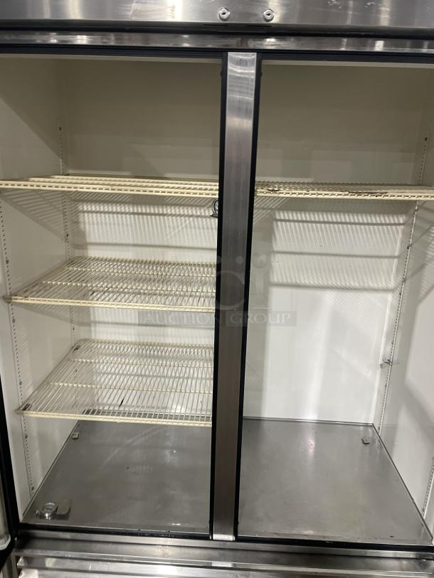 True T49G Commercial Refrigerator, double glass doors, stainless steel, Poly Coated Wired Rack, 115V, excellent condition.