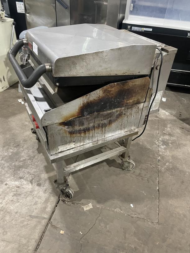 Lang Commercial Stainless Steel Infrared Clamshell Griddle, Model 224TH-NATMG, with Equipment Stand, on Casters, Used Condition.