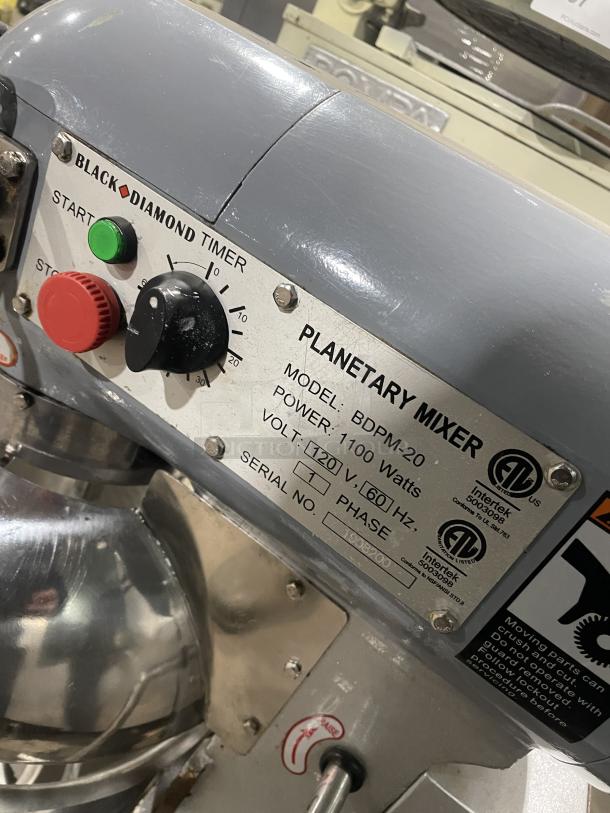 Black Diamond BDPM20 electric mixer, 20 Qt., with stainless bowl guard, serial 1908200, 120V, flat beater attachment.