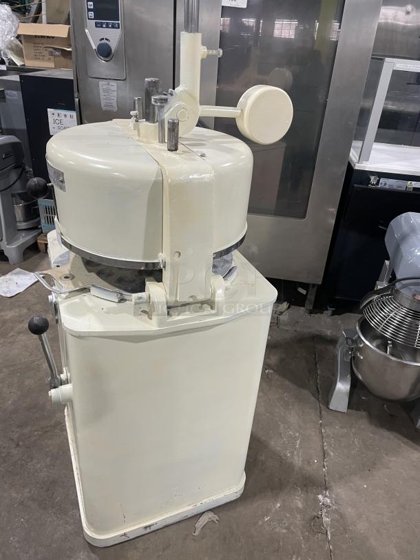 Rompa Commercial Electric Dough Rounder/Divider, white, with rounding plate, free-standing, working condition.