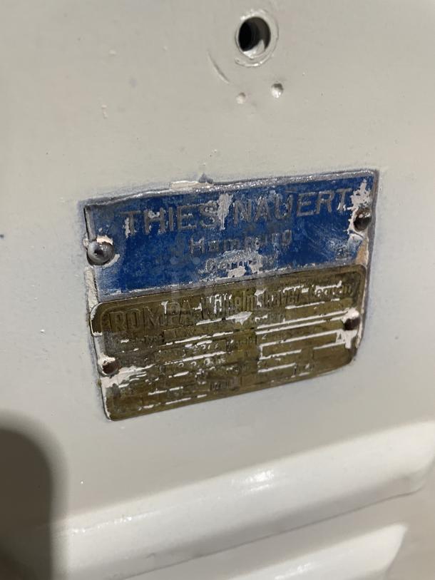 Rompa white electric dough rounder/divider, free-standing with rounding plate. Shows manufacturer tags: Theis Nauert, Hamburg.