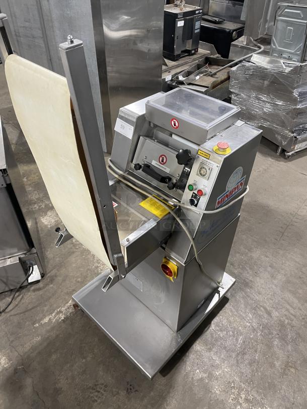 Minipan MGX stainless steel dough sheeter, electric, with conveyor, 220V 3 phase, on casters, operational condition.