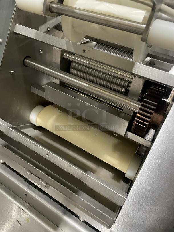 Minipan MGX Dough Sheeter, stainless steel, electric, floor-model, with conveyor, casters, 220V 3-phase, excellent condition.