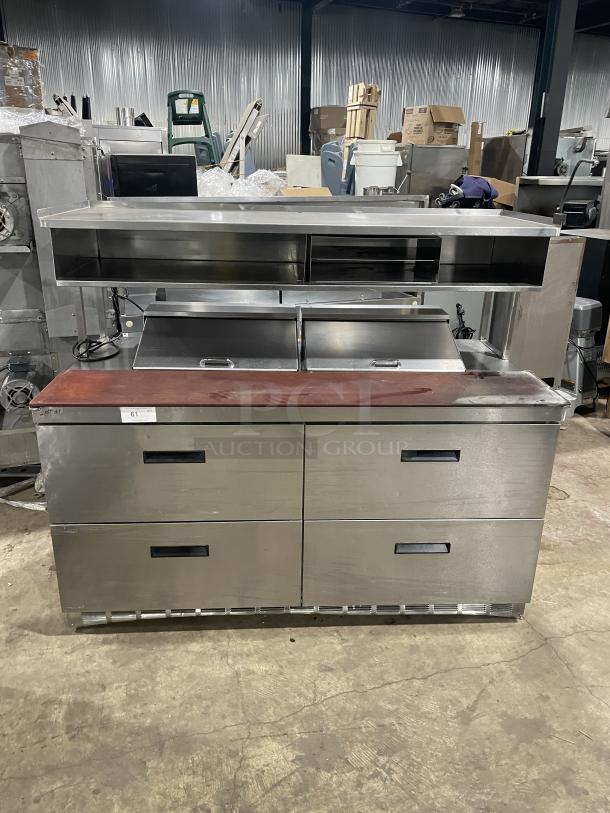 Delfield stainless steel 4-drawer refrigerated prep table with salamander shelf and removable chopping board, Model UCD4464N12DD5.