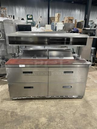 Delfield stainless steel 4-drawer refrigerated prep table with salamander shelf and removable chopping board, Model UCD4464N12DD5.