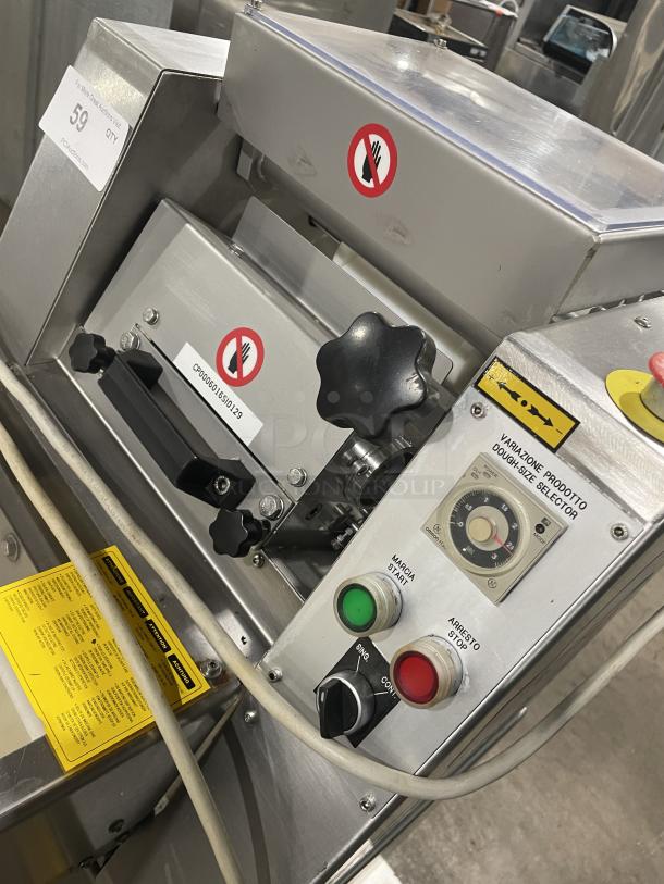 Minipan MGX commercial dough sheeter, stainless steel, with conveyor, 220V 3 phase, on casters, operational tags visible.