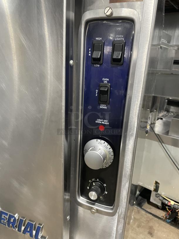 Imperial PCVG-1 stainless steel convection oven, natural gas, with control panel and wired rack, on casters. Serial: 08159322.