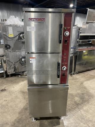 Crown GSX-10HE dual compartment stainless steel convection steamer, gas-powered, with universal pan racks and individual controls.