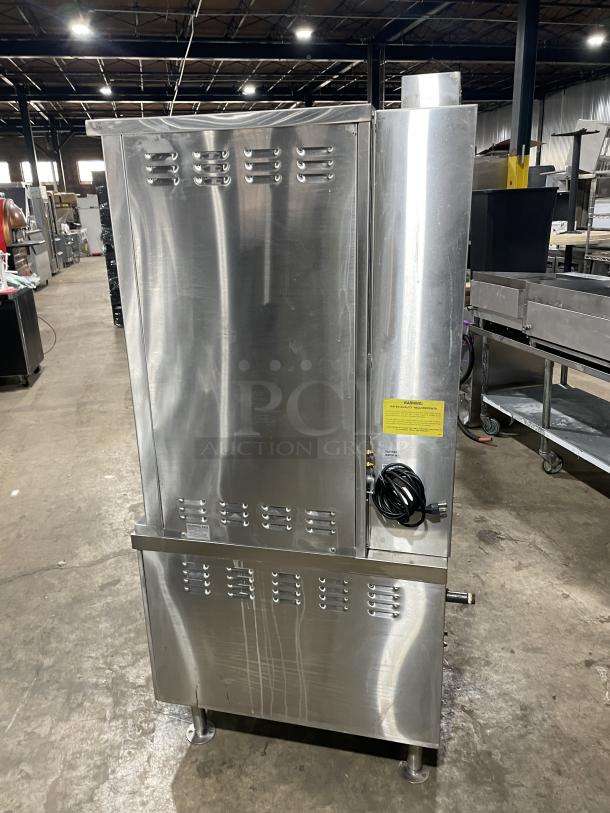 Crown GSX-10HE stainless steel dual compartment convection steamer, natural gas, universal pan racks, individual controls, on legs.