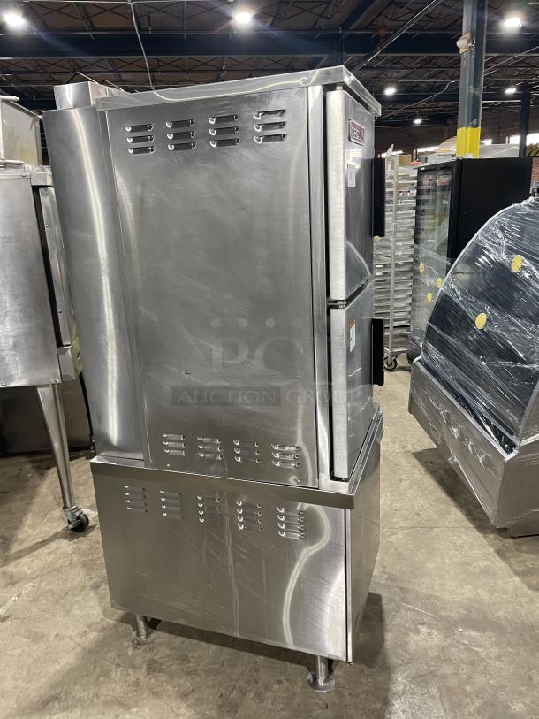 Crown GSX10HE stainless steel dual compartment convection steamer, natural gas powered, with individual controls, on legs.