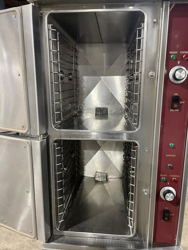 Crown GSX-10HE dual compartment convection steamer with pan racks, stainless steel, 120V, on legs, individual controls.