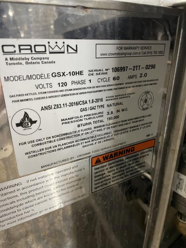 Crown GSX Series stainless steel dual compartment convection steamer, Model GSX-10HE, with pan racks, natural gas, 120V, 1 phase.