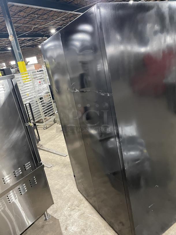 Habco Eagle Series ESM42 black 2-door glass refrigerator merchandiser, 115V, with poly-coated rack, on legs.