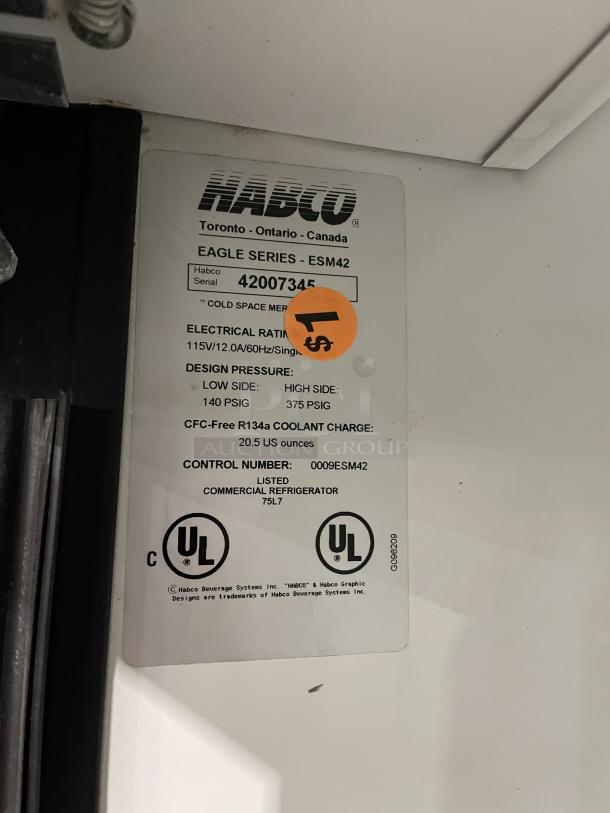 Habco Eagle Series ESM42 label, 2-door glass reach-in refrigerator, 115V, UL listed, serial number 42007345, commercial use.