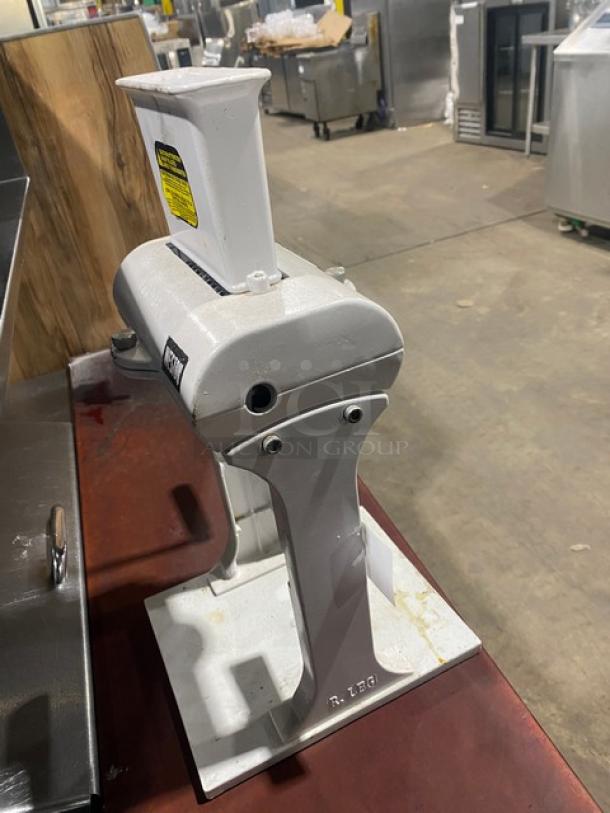 Weston Commercial White Cast Aluminum Manual Meat Cuber/Tenderizer; countertop model, crank bar included, good condition.