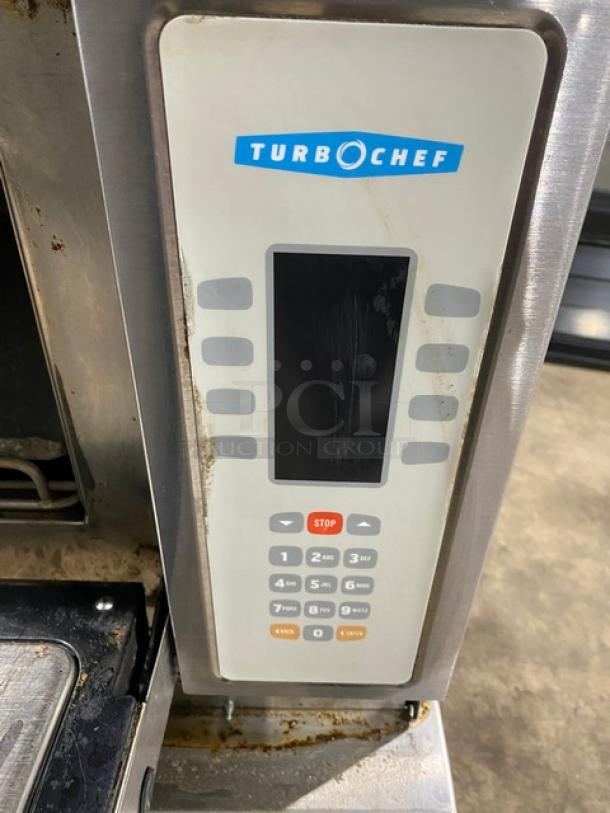 TurboChef NGC commercial electric rapid cook oven with digital controls, stainless steel, minor wear, ventless, on cart.
