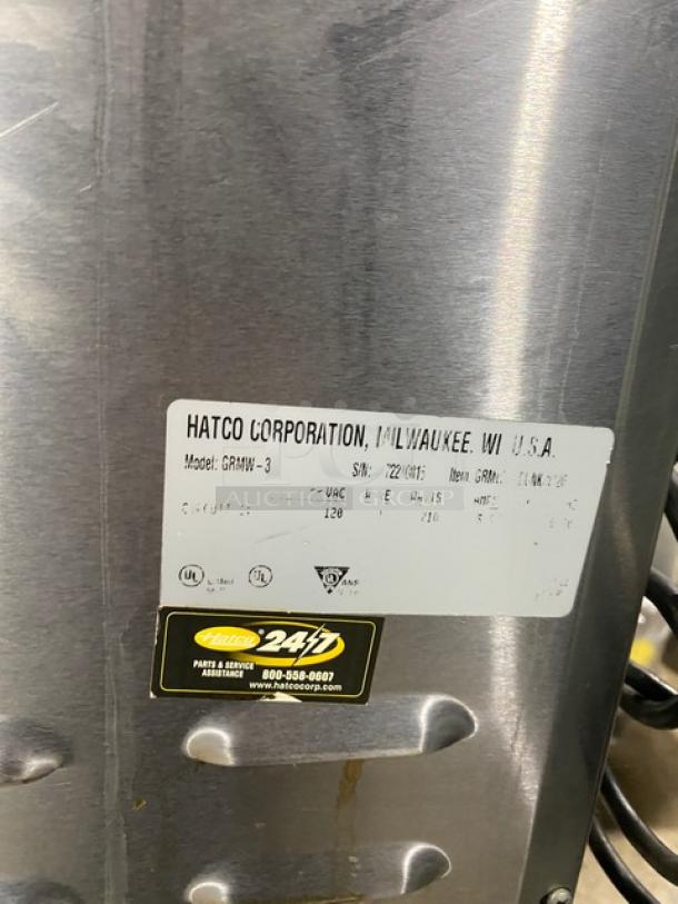 Hatco Glo-Ray GRMW-3 stainless steel countertop food warmer, model label visible, 120V, UL listed, in good condition.