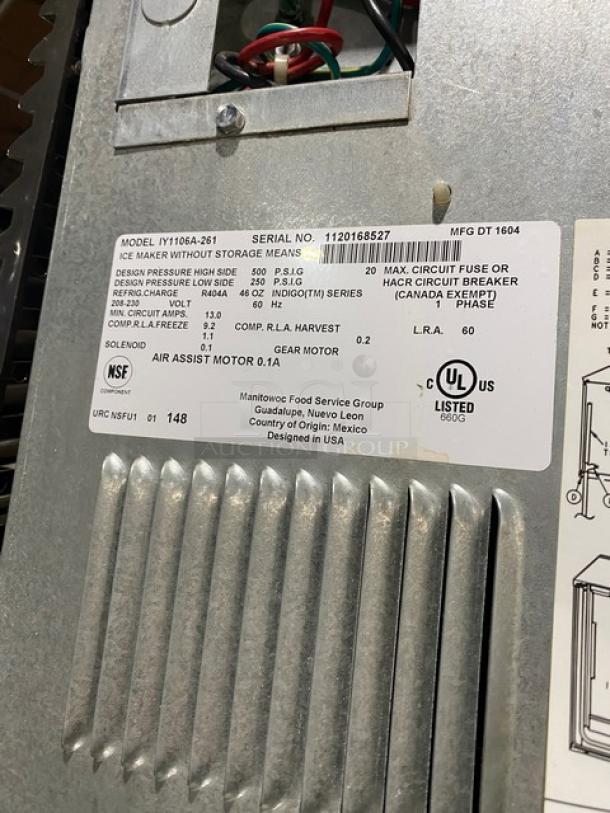 Manitowoc Indigo NXT Model IY1106A-261 ice maker label with specs, serial number 1120168527, Energy Star certified.