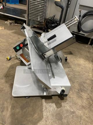 Bizerba stainless steel electric deli slicer, model SN: 22-12929, 120V. Features adjustable blade, countertop design.