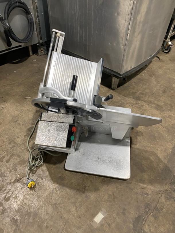 Bizerba stainless steel electric deli slicer, SN: 22-12929, heavy-duty, countertop, 120V, in good condition.
