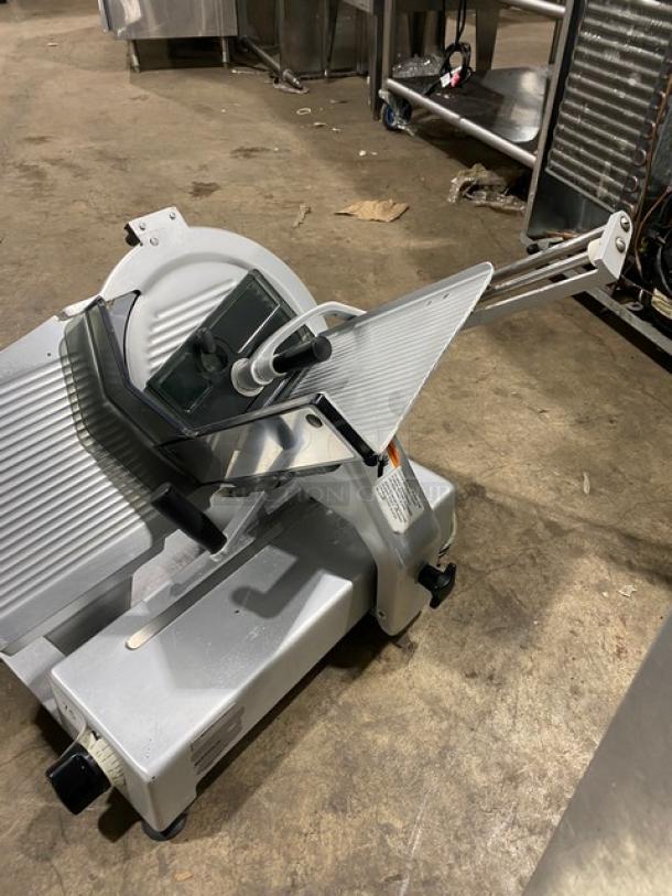 Bizerba commercial stainless steel electric deli slicer, SN: 22-12929, 120V. Heavy-duty countertop model, excellent condition.