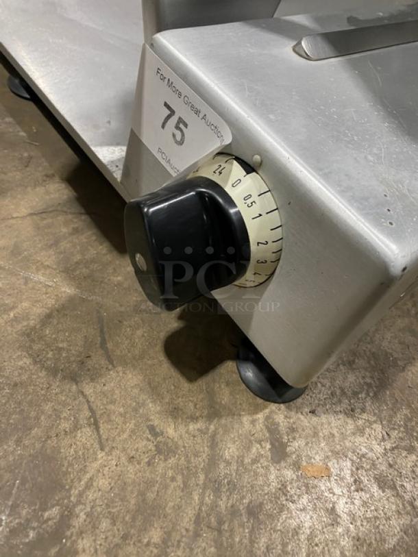 Bizerba commercial meat slicer, stainless steel, electric countertop model, heavy-duty, knob with numerical settings, SN: 22-12929.