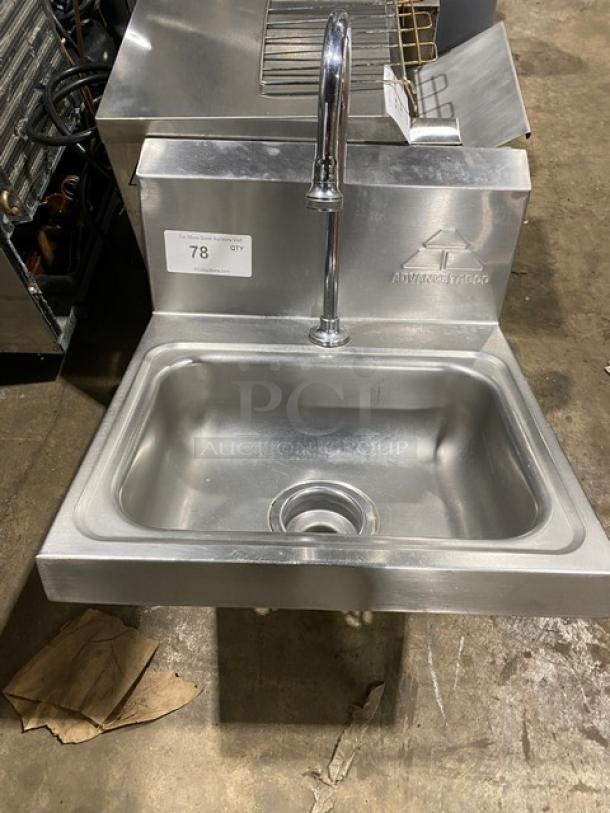 Advance Tabco stainless steel wall-mounted hand sink, with faucet, good condition, model label intact.
