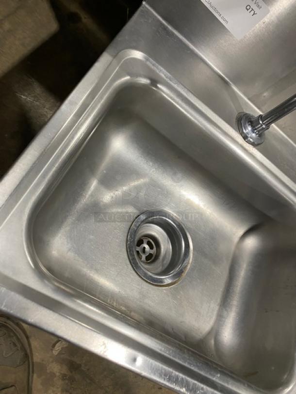 Advance Tabco stainless steel wall-mounted hand sink, excellent condition, visible drain, commercial use.