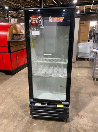 Imbera VR12R2 commercial black single glass door reach-in cooler with poly-coated wired rack, on casters, 115V 1 Phase.
