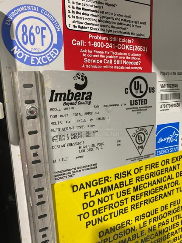 Imbera VR12R2 commercial cooler label, UL listed, 115V, single phase, on casters. Label shows model, serial number, warnings.