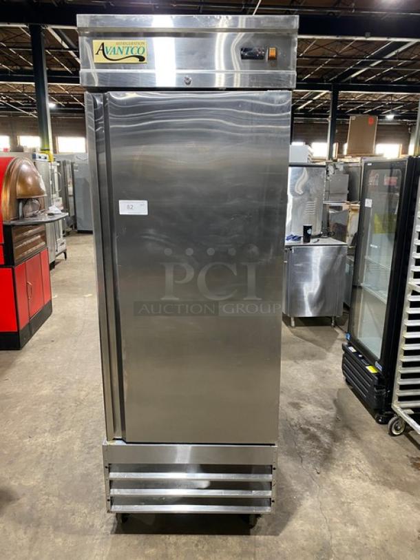 Avantco stainless steel reach-in freezer, Model 178SS1RHC, single solid door, poly coated wired rack, used condition.