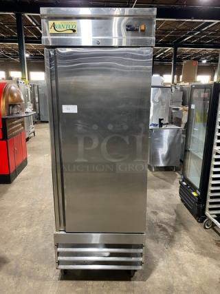 Avantco stainless steel reach-in freezer, Model 178SS1RHC, single solid door, poly coated wired rack, used condition.