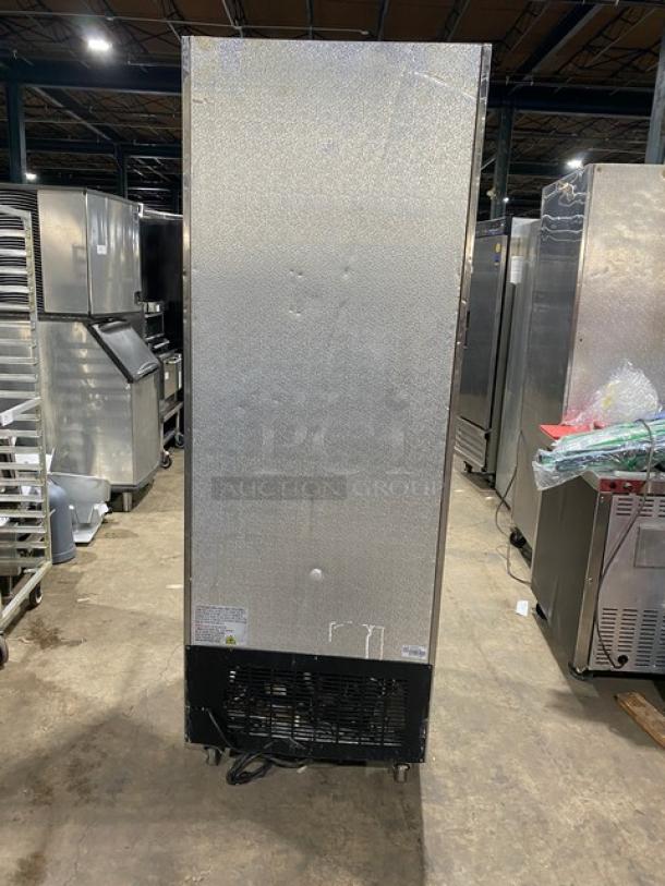 Avantco commercial stainless steel single door reach-in freezer, model 178SS1RHC, with poly-coated wire rack. Serial number 9117010089.