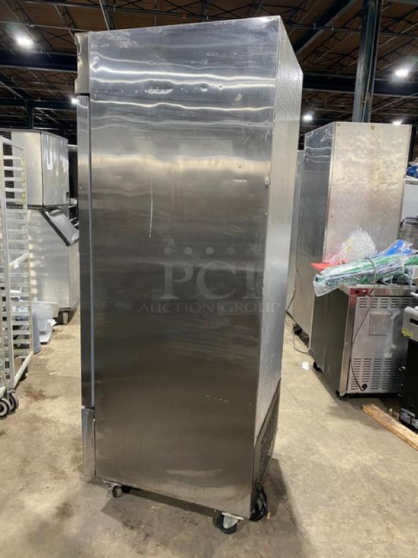 Avantco 178SS1RHC commercial stainless steel single solid door reach-in freezer, featuring poly-coated wire rack, serial number 9117010089.