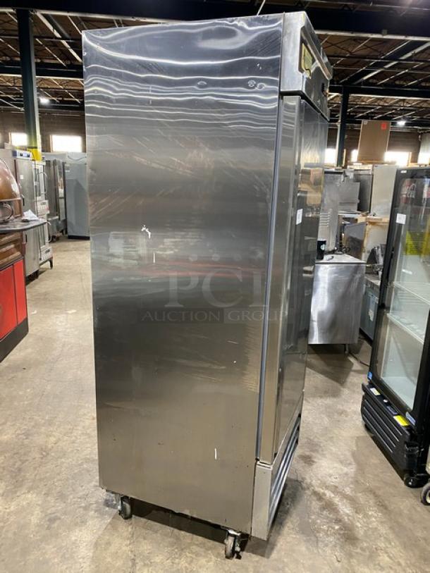 Avantco commercial stainless steel single door reach-in freezer, model 178SS1RHC, with poly coated wired rack, on casters.