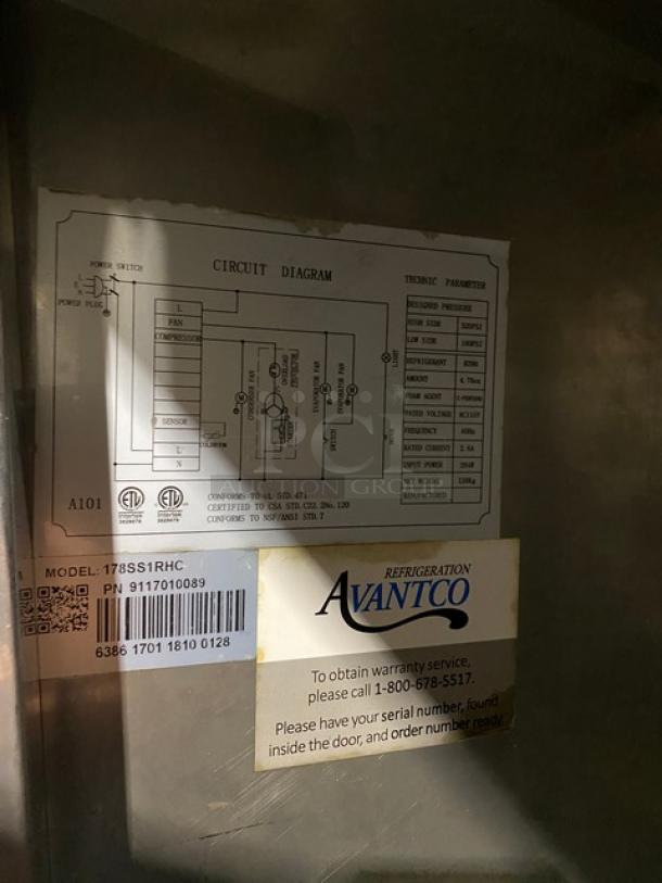 Avantco commercial stainless steel single solid door reach-in freezer, model 178SS1RHC. Features shown: circuit diagram.