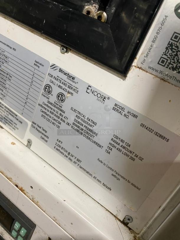 Structural Concepts Encore Series Model HV38R refrigerated display case label. Serial: 0514322IS286816, 120V, 1 Phase.
