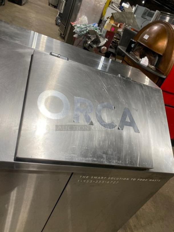 ORCA stainless steel electric food waste digester with on-board scale, touchscreen interface, 120V, on casters, used condition.