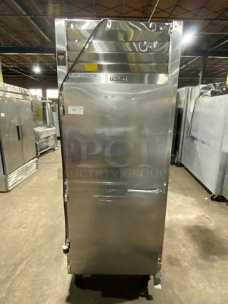Traulsen RET132EUTFHS stainless steel single door reach-in refrigerator on casters, adjustable shelving, 115V, SN: T97263E15.